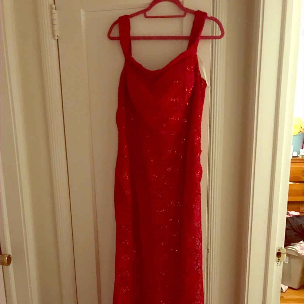 Red Prom off the shoulder prom dress.